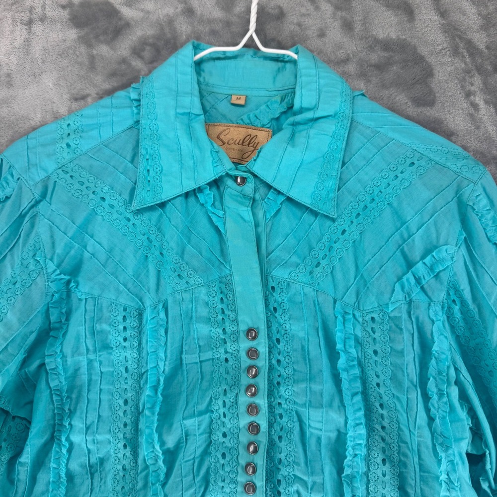Scully Turquoise Embroidered Lace Western Shirt Womens M Long Sleeve Button Up